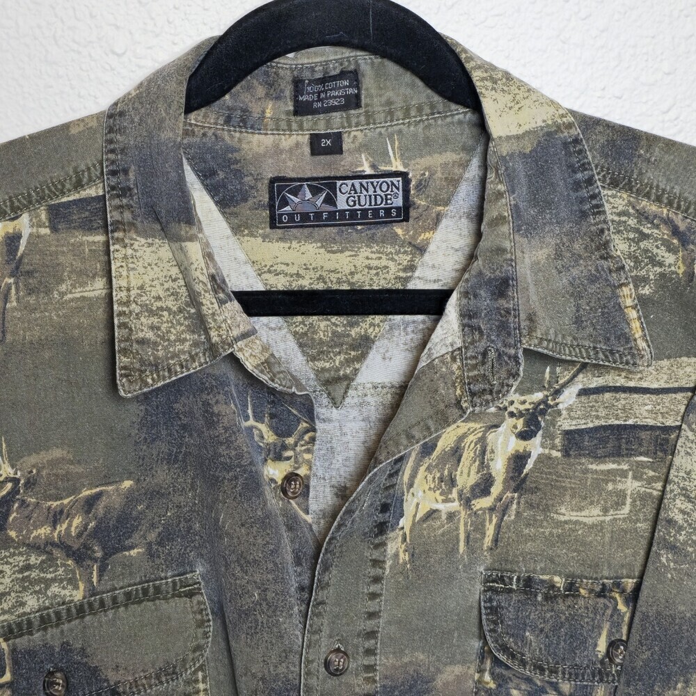 Vintage Canyon Guide Elk Deer Print Shirt 2X 90s Outdoors Cotton Button Up - Picture 6 of 8